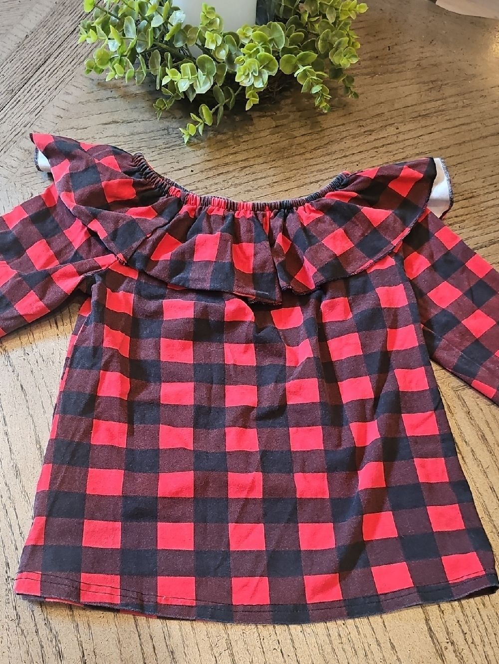 Girls' Red & Black Buffalo Plaid Ruffle Neck Top Size 16